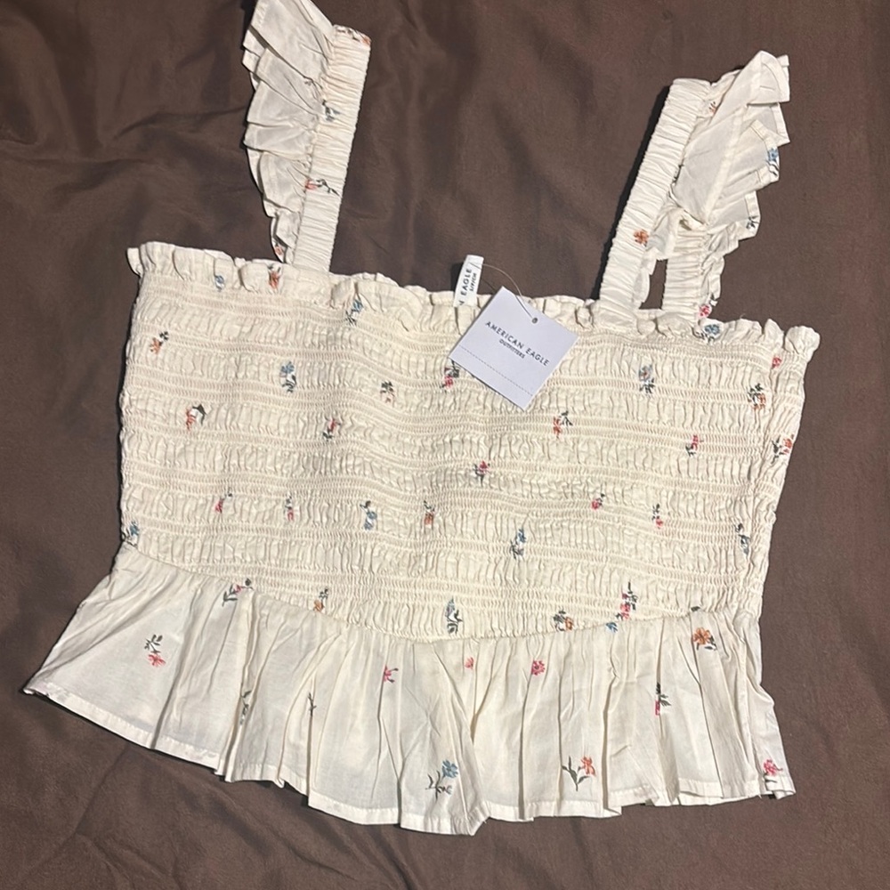 American Eagle Outfitters Ivory Floral Ruffle Crop Top